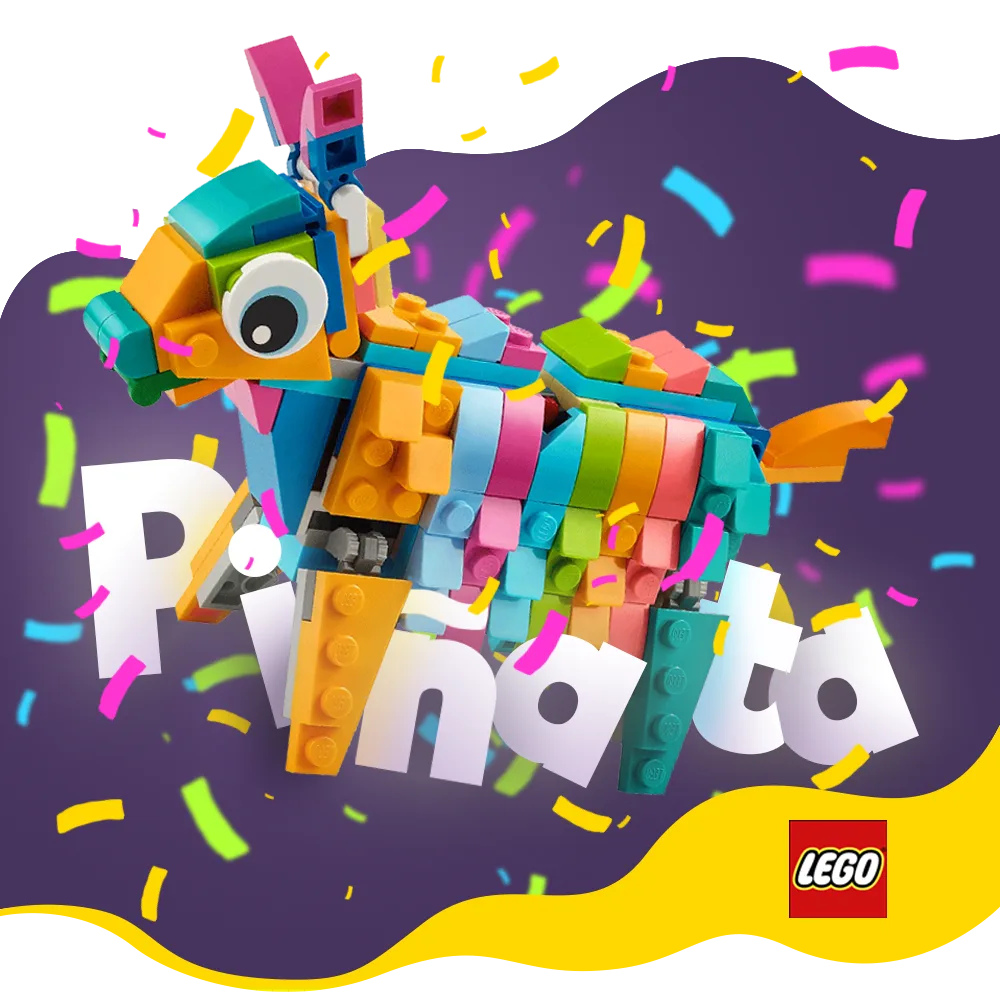 Banner con texto Piñata y confeti junto con Piñata de Lego entre las letras.