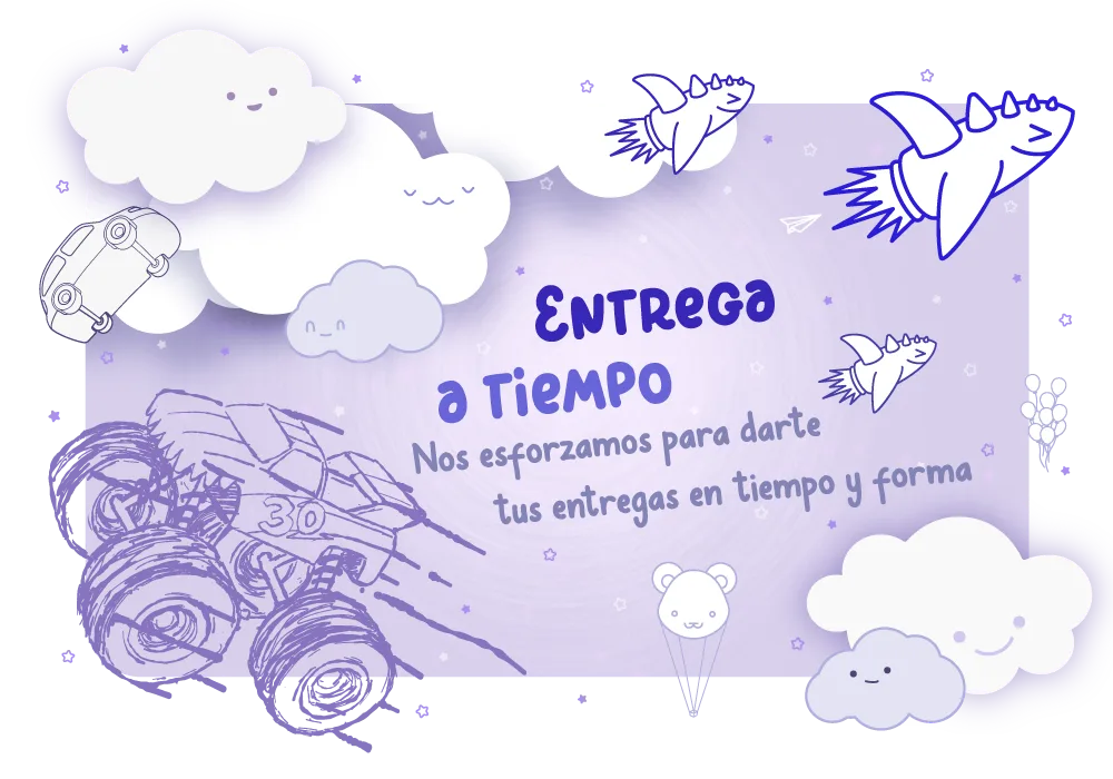 Diseño ilustrado con el texto “Entrega a Tiempo” con un camión Monster Truck, nubes, osito y cohetes alrededor con expresiones sonrientes • n ‿ niwidi.com