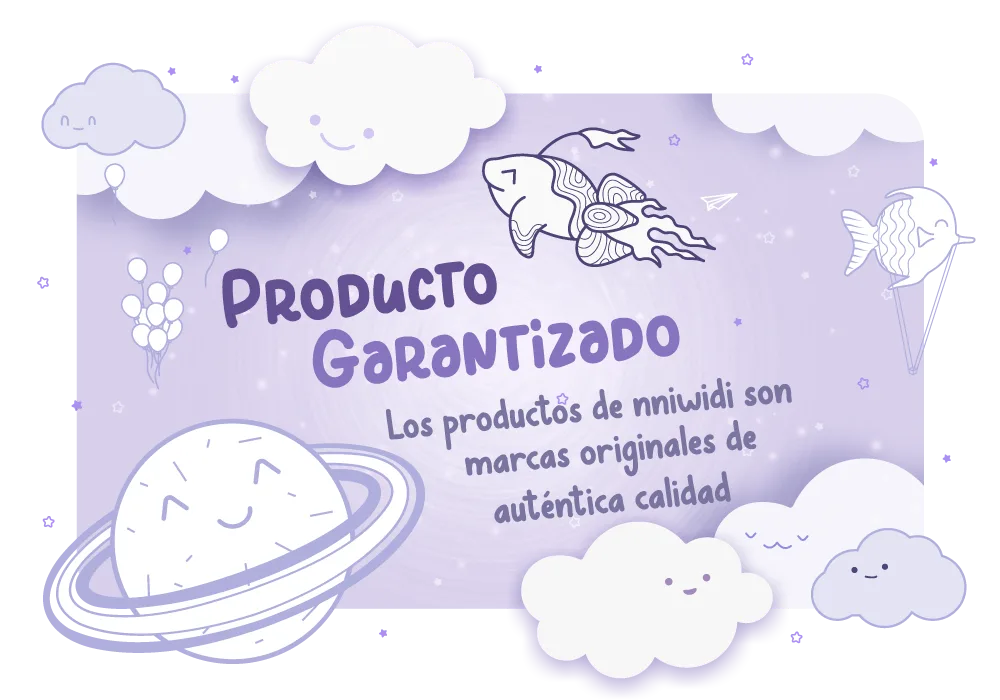 Diseño ilustrado con el texto “Producto Garantizado” acompañado de nubes, un planeta y peces alrededor todos sonrientes • n ‿ niwidi.com