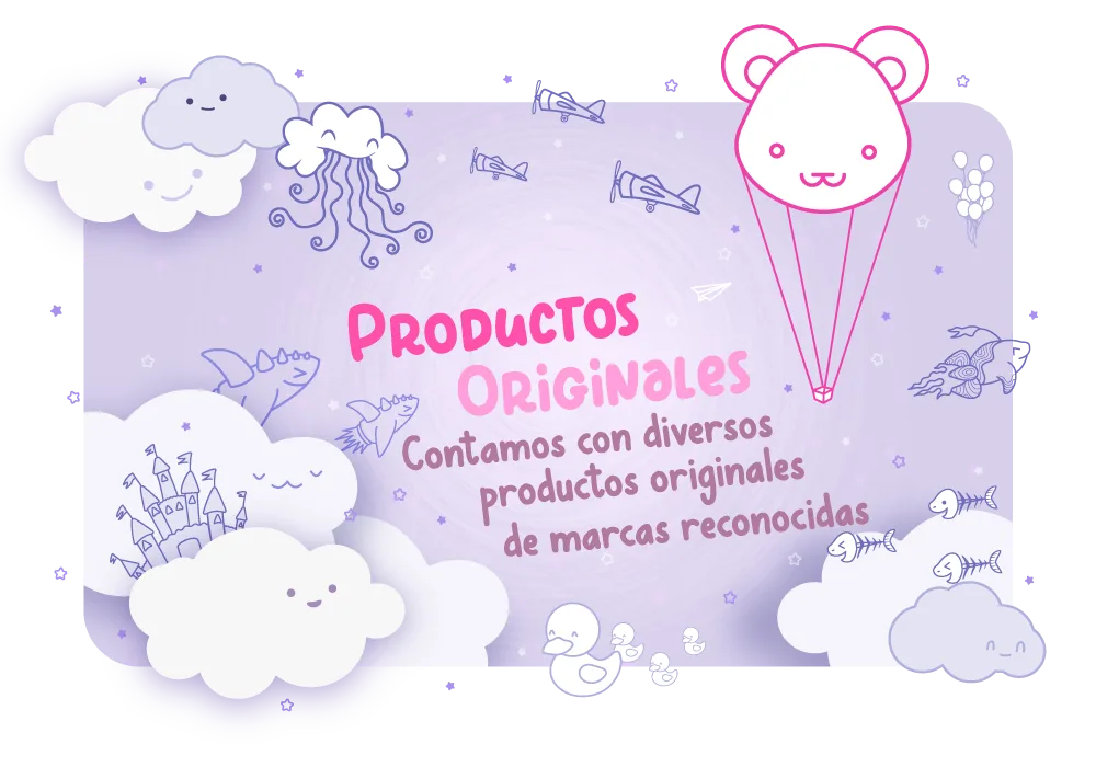 Diseño ilustrado con el texto “Productos Originales” con nubes, peces, un globo con cara de osito y elementos marinos y sonrientes • n ‿ niwidi.com